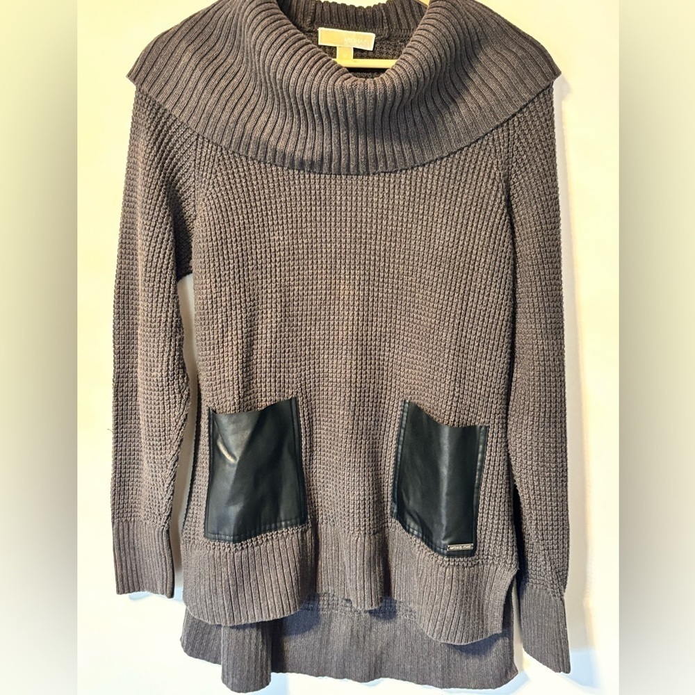 MICHAEL Michael Kors Grey Faux Leather Pocket Cowl Sweater